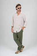 Conjunto Amplo Camisa Resort Bege e Calça Resort Verde