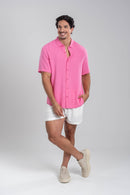 Conjunto Camisa Great Time Rosa e Short Linho Cut Off White