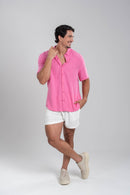 Conjunto Camisa Great Time Rosa e Short Linho Cut Off White