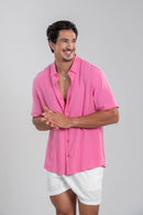 Conjunto Camisa Great Time Rosa e Short Linho Cut Off White