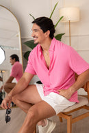 Conjunto Camisa Great Time Rosa e Short Linho Cut Off White