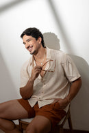 Conjunto Camisa Vegas Liocel Off Rose e Short Cut Marrom