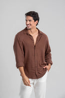 Conjunto Camisa Resort Ampla Marrom + Calça Linho Amalfi Off White