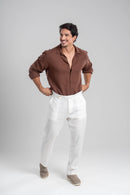 Conjunto Camisa Resort Ampla Marrom + Calça Linho Amalfi Off White